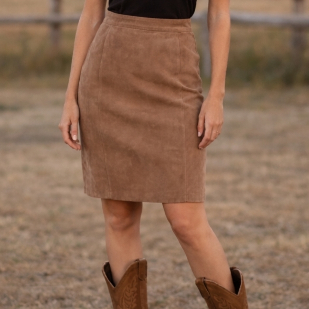 Vintage Tan Brown Western Leather Distressed Grunge Knee Length Pencil Skirt